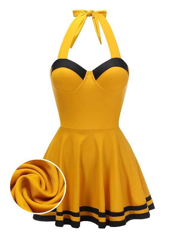 Spring Fashion Yellow 1940s Contrast Halter Patchwork Swimsuit