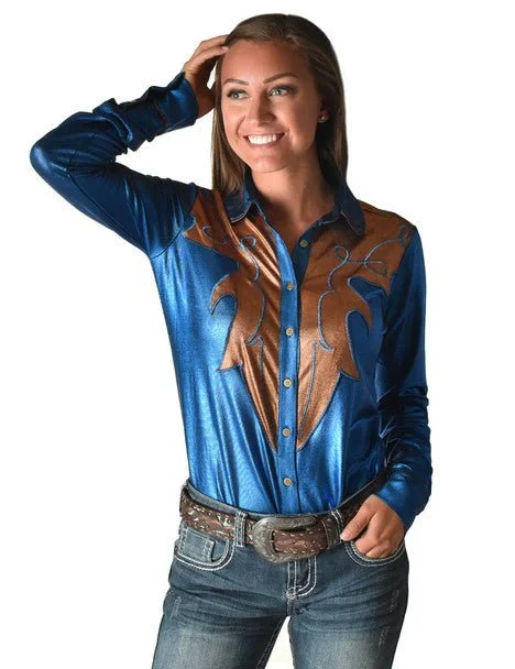 Relaxed Style Cowgirl Tuff Womens Western Metallic Blue/Copper Polyester L/S Shirt