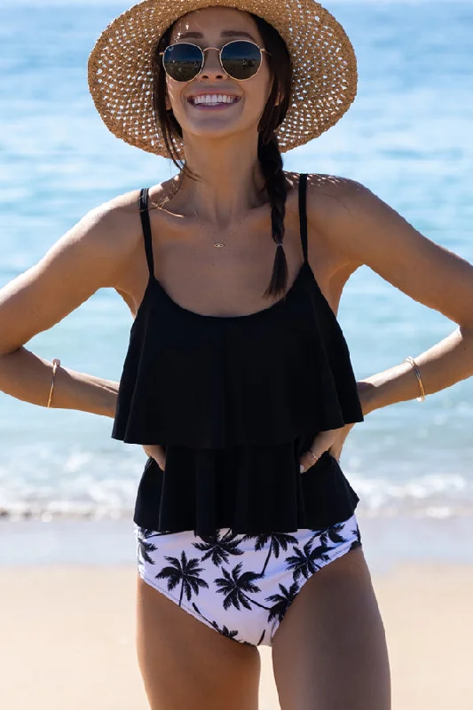 Don't Miss Out Leaf Print Ruffle Hem Cute Tankini Set