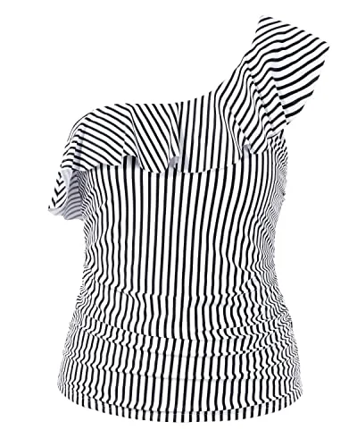 Relaxed Style Flattering One Shoulder Swim Tops Women's Ruffle Tankini Tops with Strapless Design