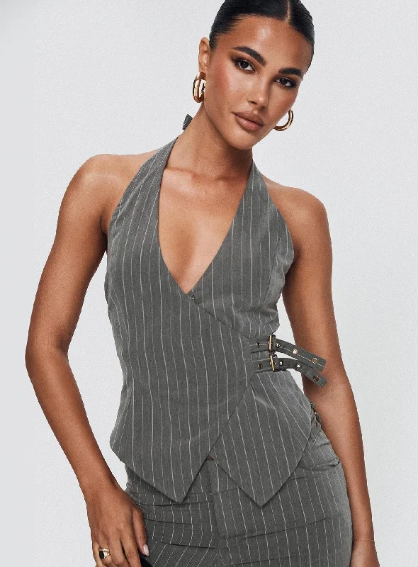 High End Designer Brands Discount Calexico Buckle Halter Top Grey Pinstripe