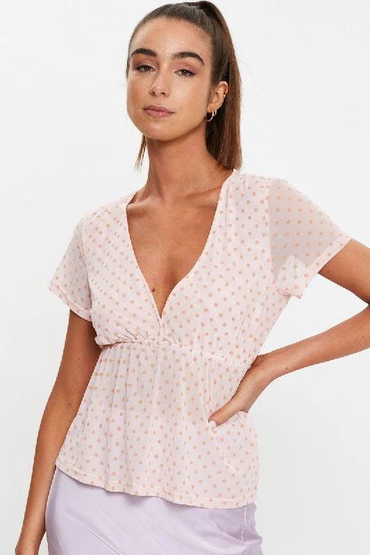 Redefining Women's Style Pink Short Puff Sleeve Jersey Mesh Spot Flare Hem Top