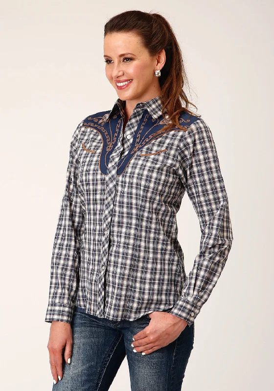 Feminine Soft - Hued Look Roper Womens Small Scale Plaid Blue Cotton Blend L/S Shirt