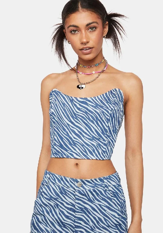 Unbeatable Deals Zebra Print Denim Corset Top