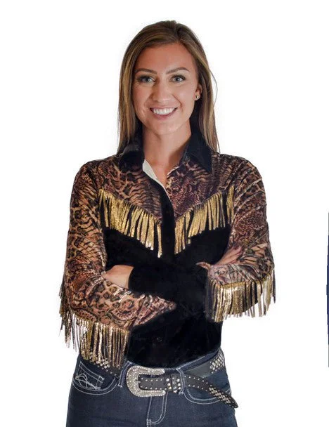 Trendy Street Style Clothing Cowgirl Tuff Womens Animal Fringe Black Polyester L/S Shirt