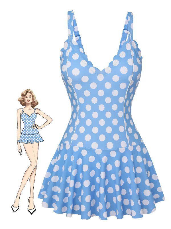 Chic Styles Blue 1960s Polka Dot Petal Neck Swimsuit