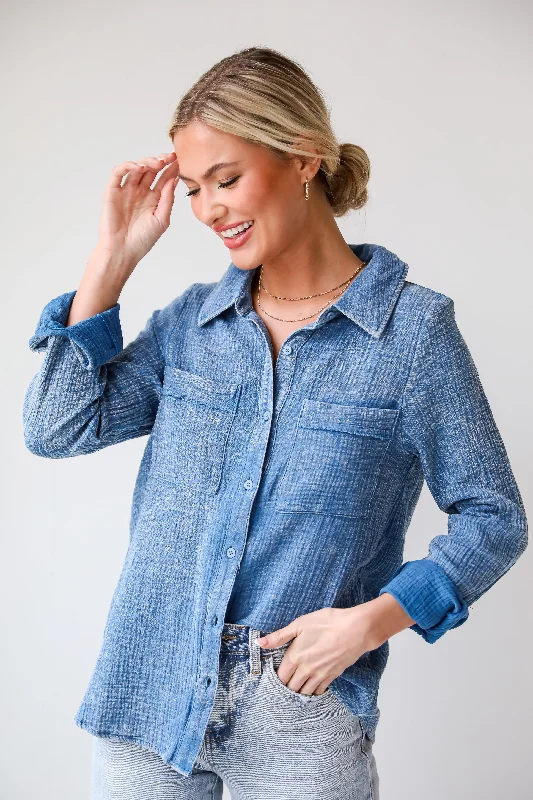 Flash Sale FINAL SALE - Morgan Denim Linen Button-Up Blouse - DU DEAL