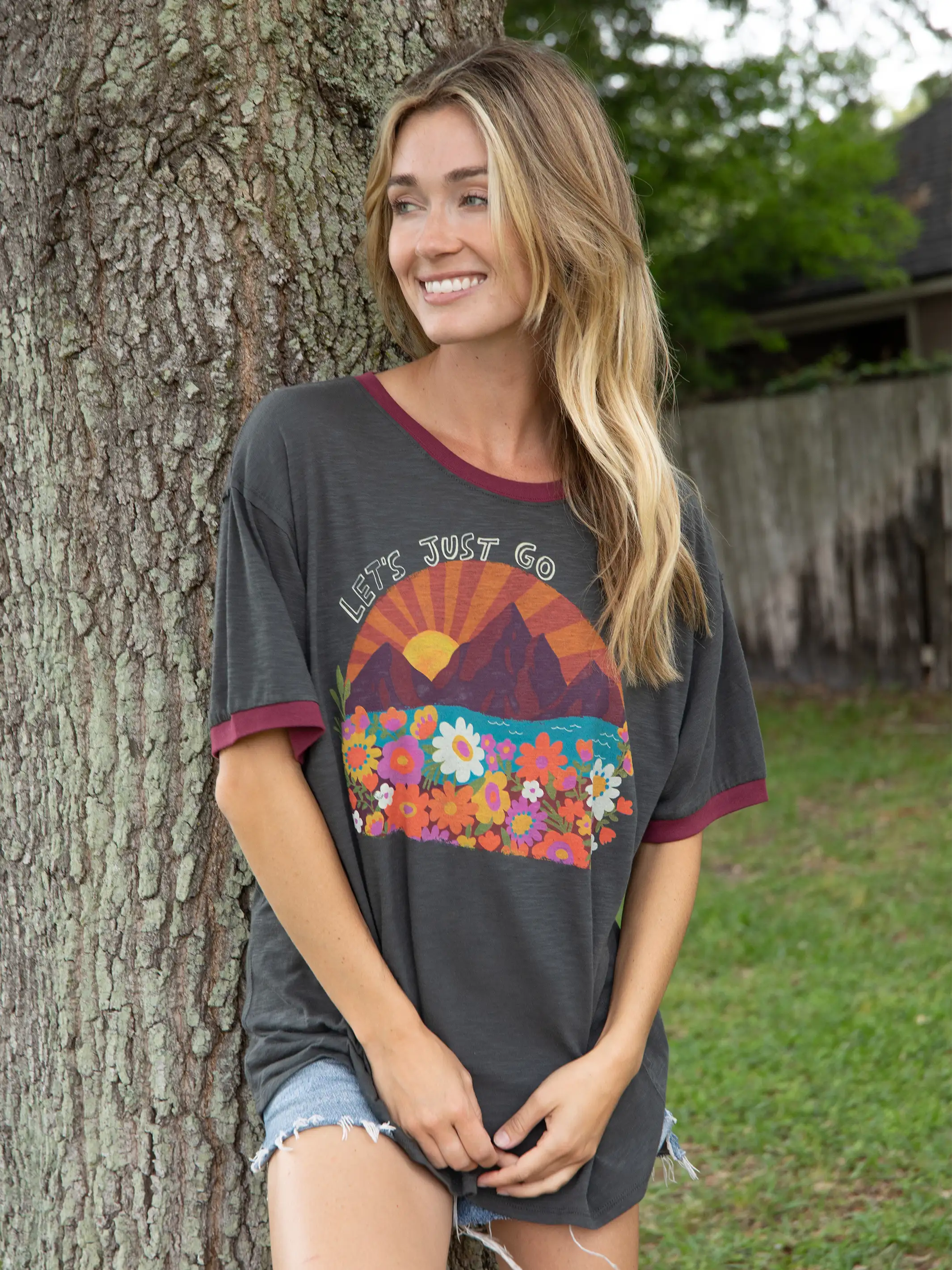 Fashion Forward Ringer Oversized Tee Shirt - Let's Just Go