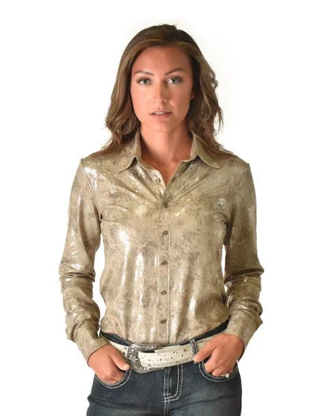 Stylish Women's Apparel Cowgirl Tuff Womens Metallic Snakeskin Tan Polyester L/S Shirt