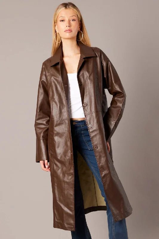 Best Sellers Brown Jacket Longline Collar Long Sleeve Faux Leather