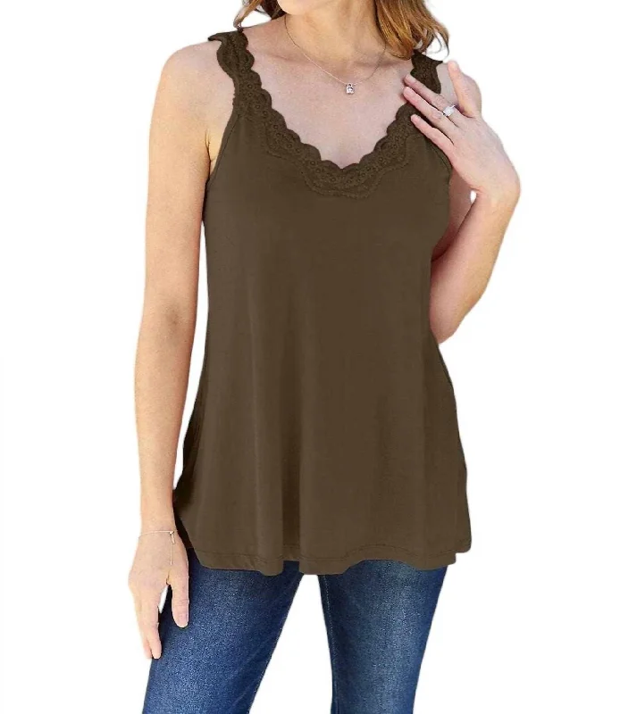 Sustainable Fashion Extravaganza Effortless Elegance Lace V-Neck Cami In Coffee Brown