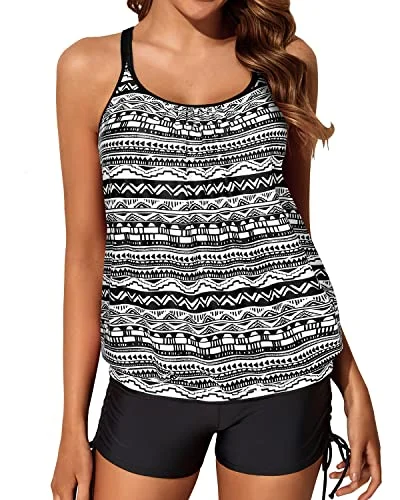 All Season Fashion Collection Sporty Women's Blouson Tankini Swimsuit Two Piece Strappy Bathing Suit-Black Tribal