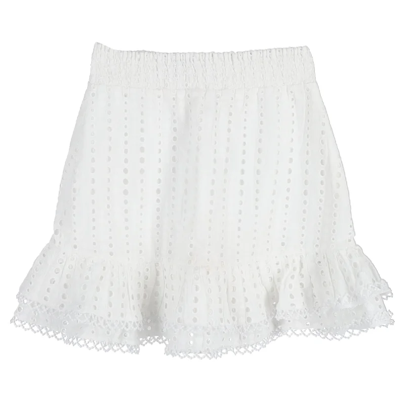 Chic Casual Style Charo Ruiz Ruffle Mini Skirt in White Embroidered Cotton