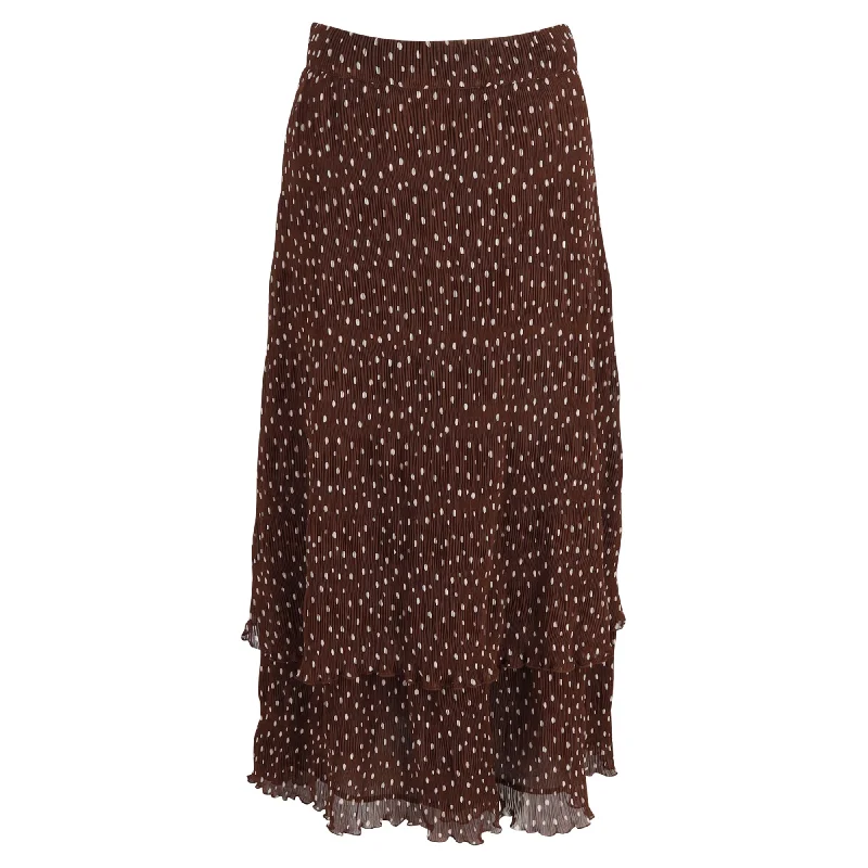 Vintage Elegance Ganni Pleated Polka-Dot Midi Skirt in Brown Polyester