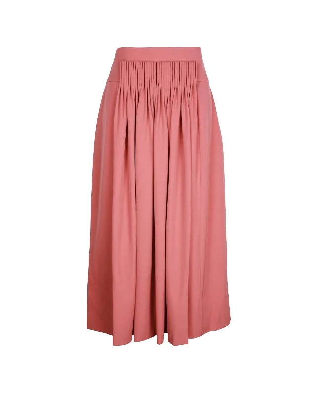 Wardrobe Essentials Hermes Front-Pleat Midi Skirt in Pink Wool