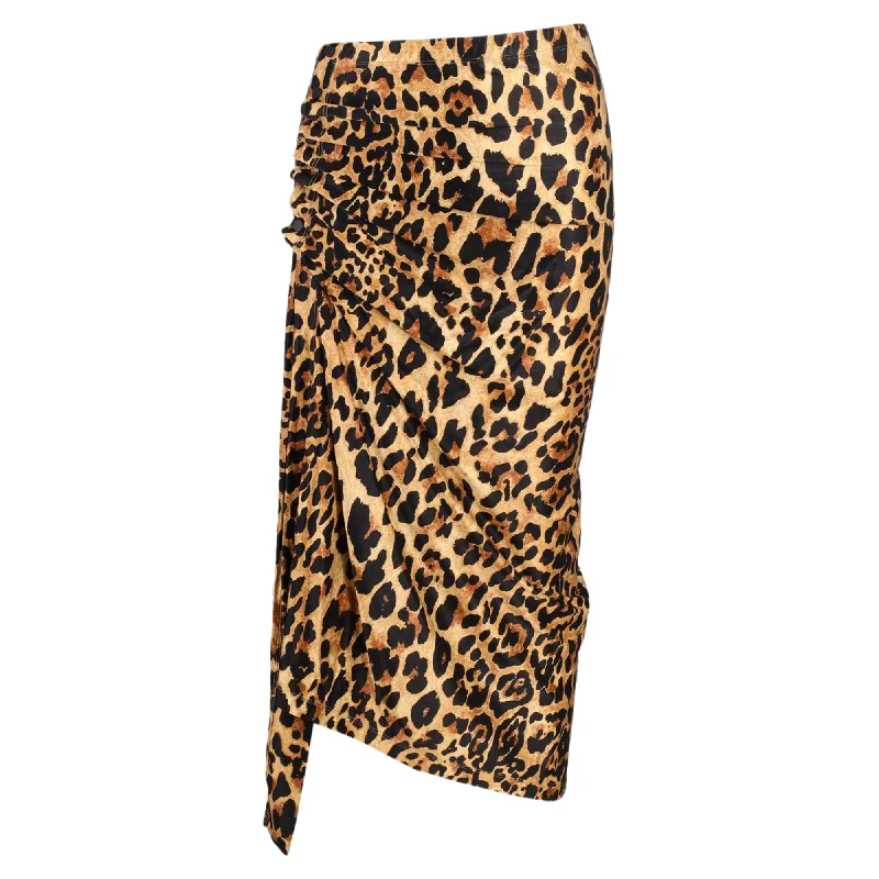 New Arrivals Paco Rabanne Midi Leopard Print Ruched Skirt in Brown Viscose