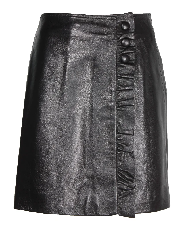 Versatile Wardrobe Essentials Sandro Jolie Ruffle-Trimmed Skirt in Black Leather