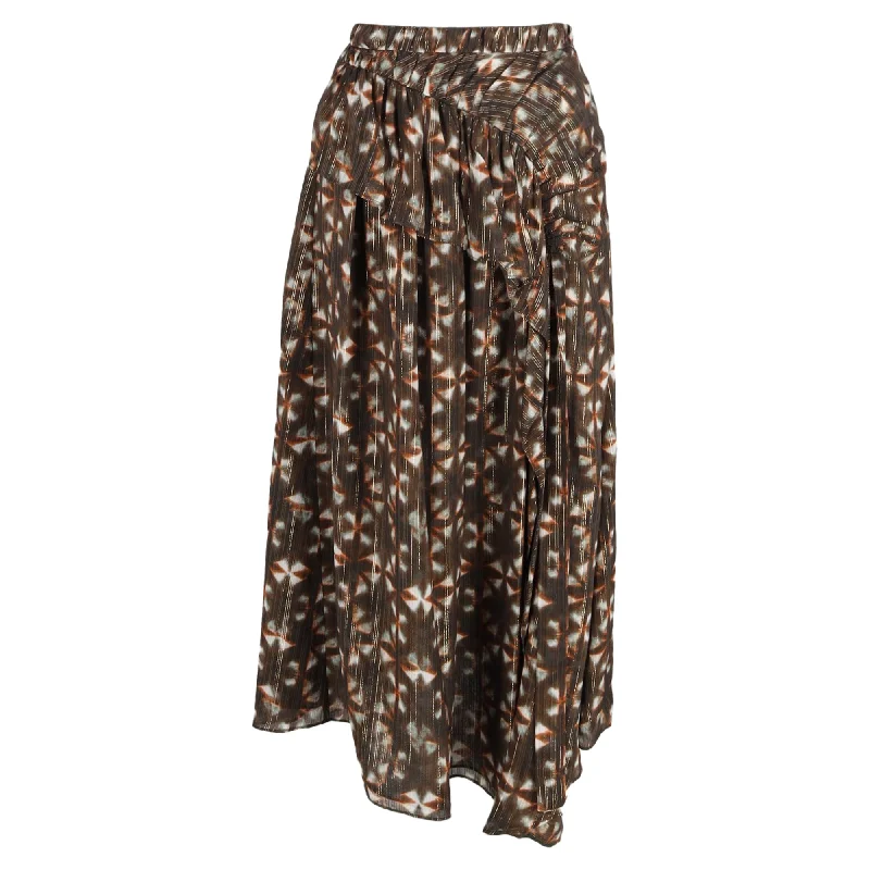 Comfort First Women's Wear Ulla Johnson Midi Printed Ruffle Detail Skirt in Brown Polyester