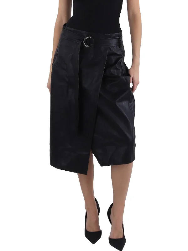 Chic Wardrobe Womens Belted Asymmetrical Midi Skirt