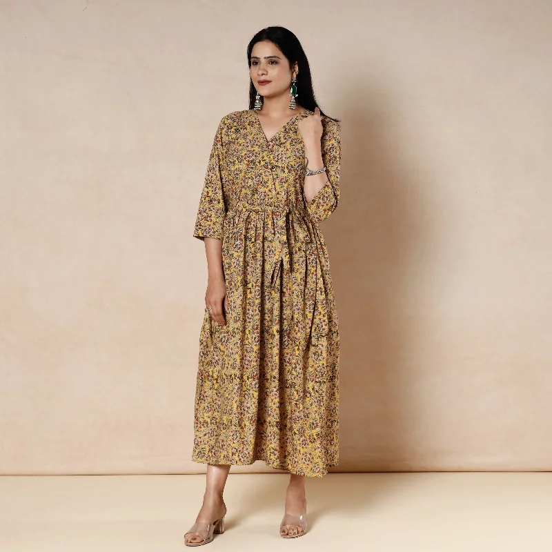 Spring Wardrobe Yellow - Kalamkari Block Printed Cotton Flared Dress