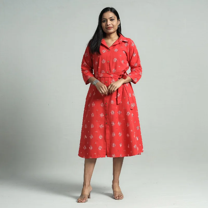 Chic Trends Unveiled Red - Pochampally Double Ikat Cotton Flared Dress with Belt