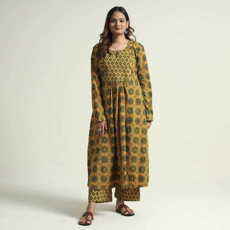 Budget Saver Yellow - Ajrakh Block Printed Cotton Flared Kurta with Palazzo Set