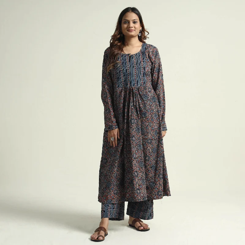 Holiday Attire Sale Blue - Ajrakh Block Printed Cotton Flared Kurta with Palazzo Set