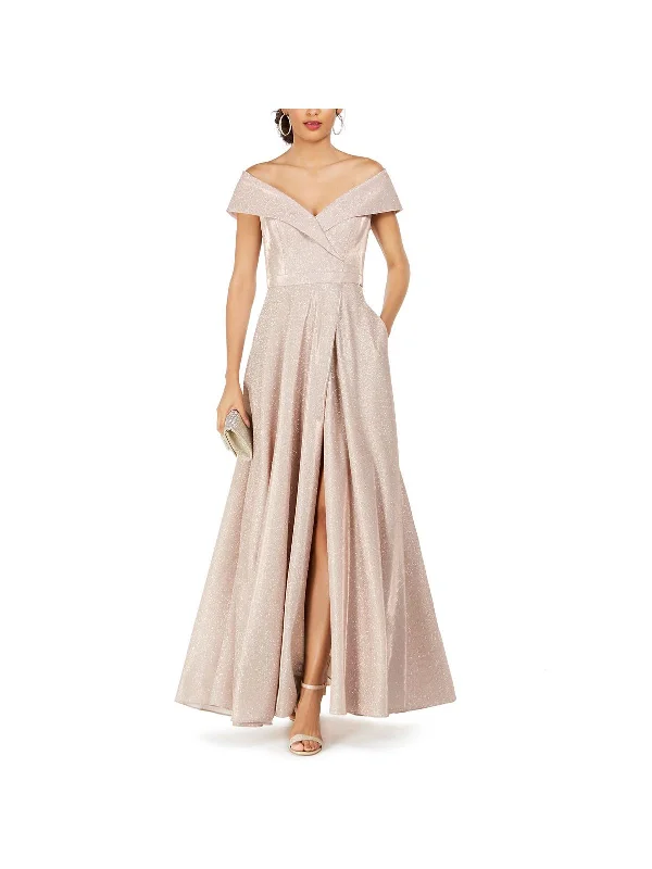 Limited Stock Petites Womens Off-The-Shoulder Glitter Evening Dress