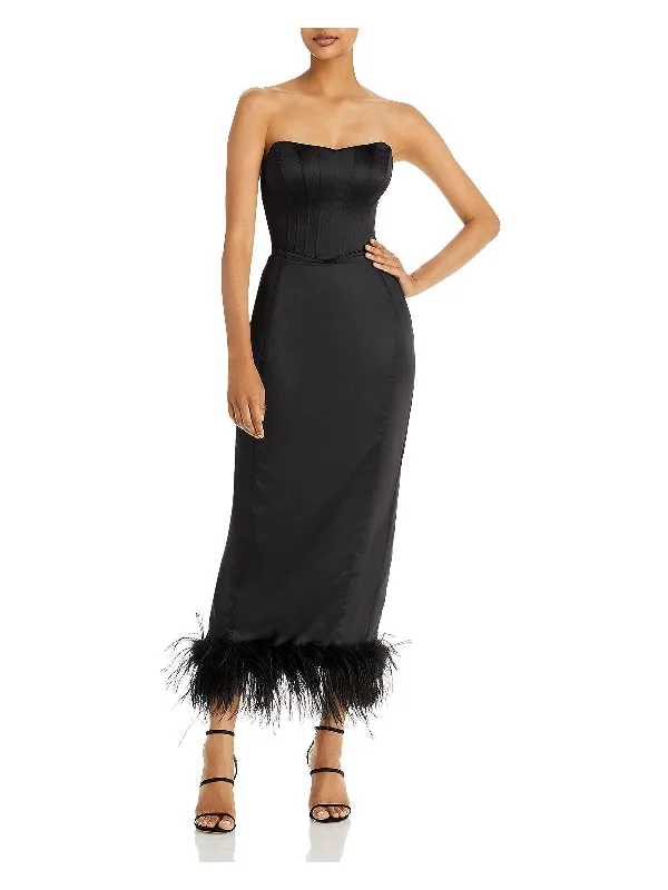 Bid Farewell To The Old Season Womens Faux Feather Trim Midi Cocktail and Party Dress