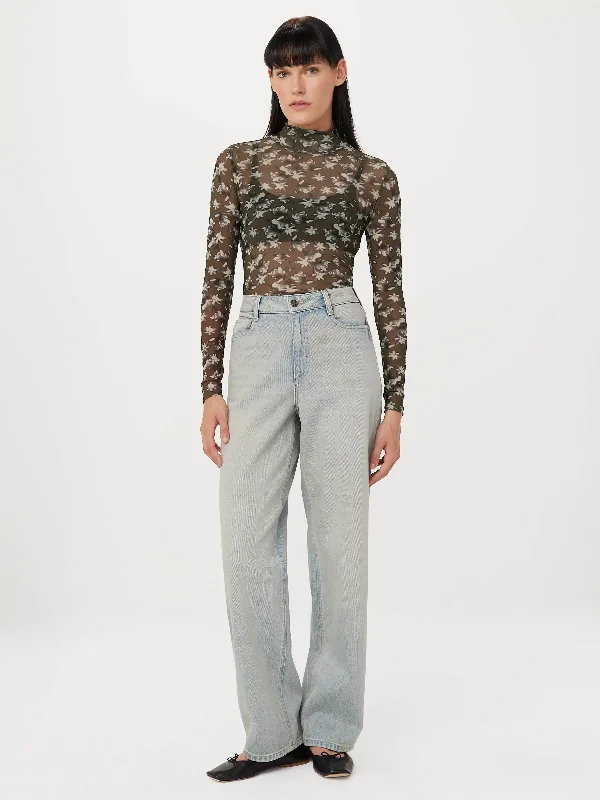 Versatile Outfits The Printed Mesh Mock Neck in Dark Olive