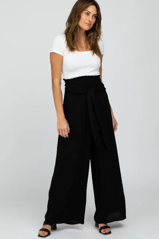 Exquisite Women's Wear Sale Black High Waist Tie Front Wide Pants