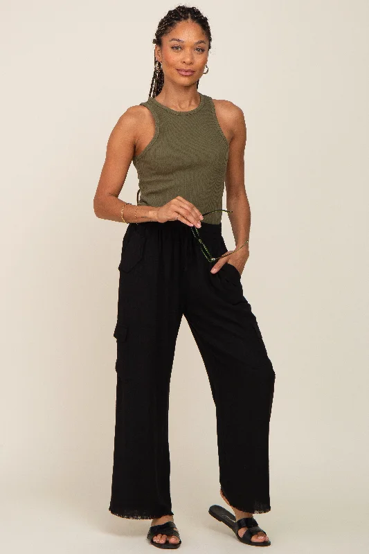 Elegant Style Black Raw Hem Cargo Pants