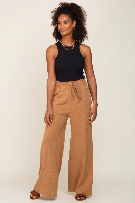 Laid-Back Elegance Camel Smocked Waist Wide Leg Linen Pants