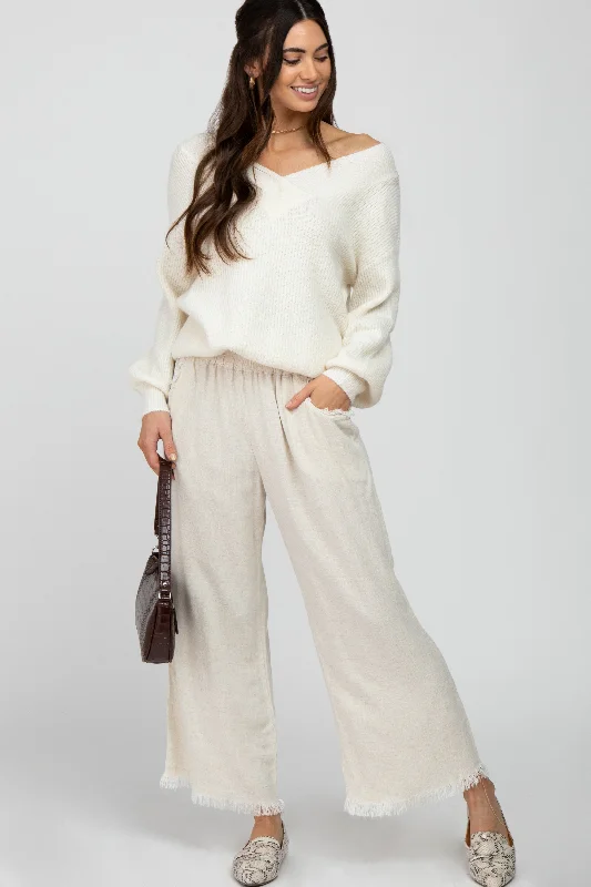 Ethnic Cultural Event Wear Cream Linen Frayed Hem Crop Pants