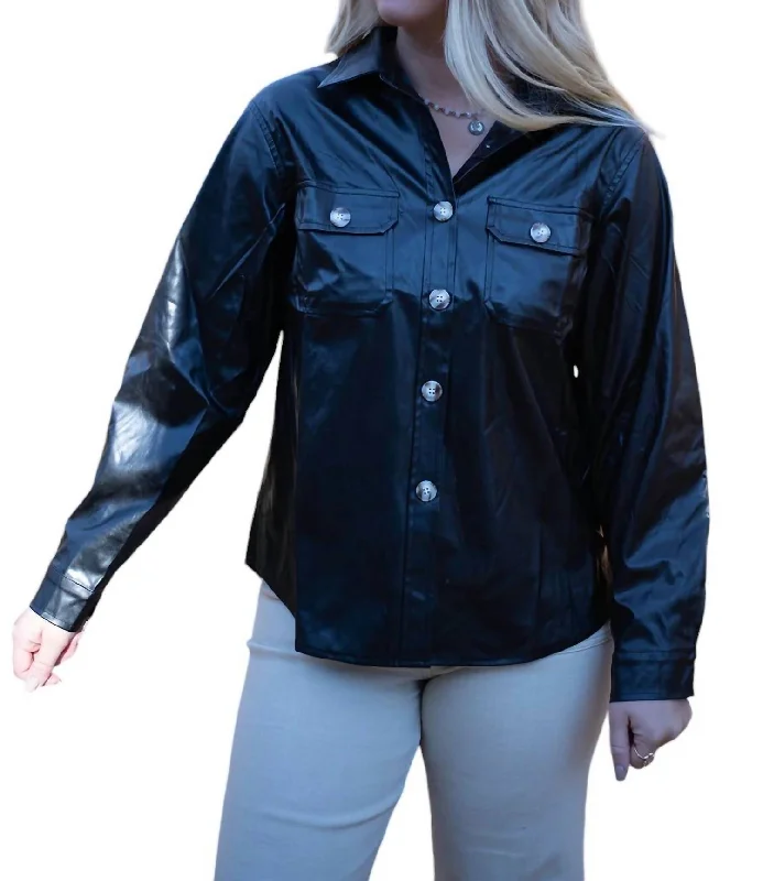 Feminine Soft - Hued Look Faux Leather Oversized Shirt In Black