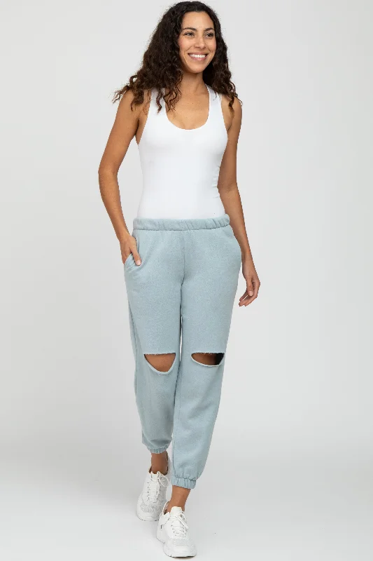 Rustic Countryside Charm Look Light Blue Ripped Knee Sweatpants