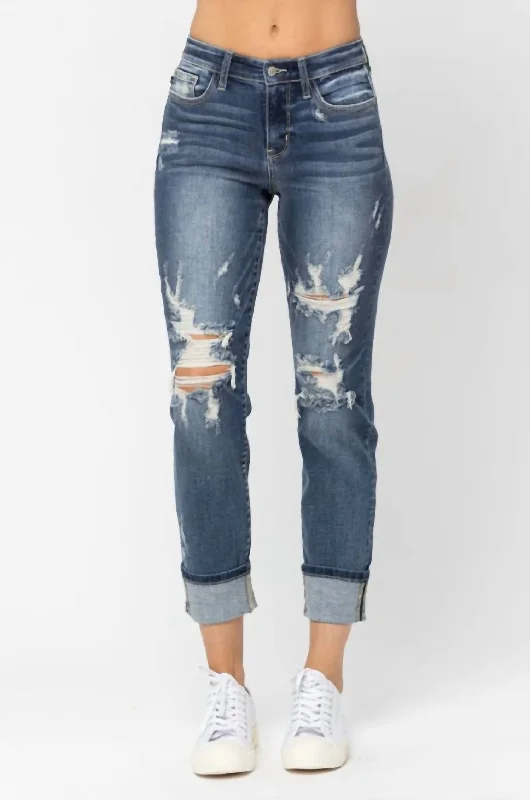 Early Access To Art Deco Styles Sale Mid Rise Cuffed Destroy Boyfriend Jeans In Blue