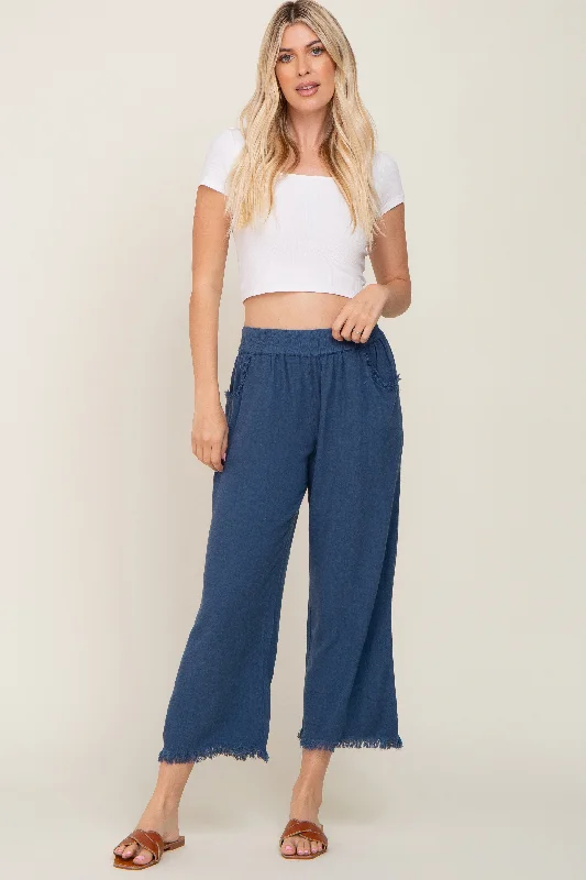 Anniversary Sale Navy Linen Frayed Hem Crop Pants