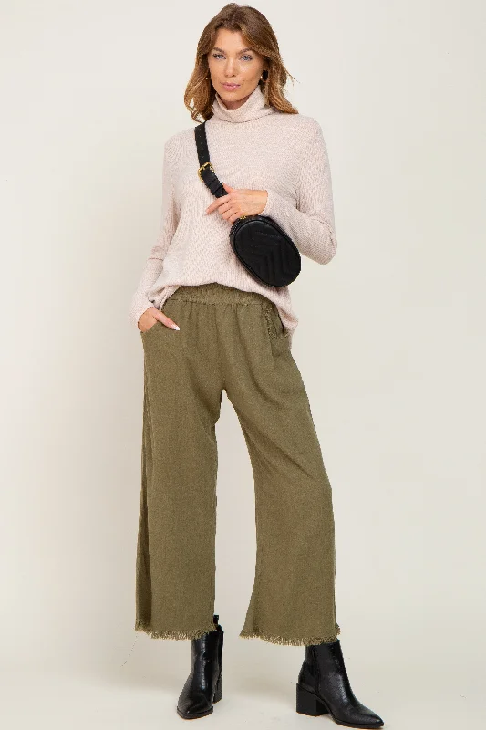 Hot Trends Olive Linen Frayed Hem Crop Pants