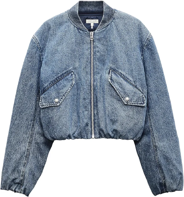 Parisian Effortless Chic Style rag & bone Women's Maggie Cropped Denim Bomber Jacket, Amara