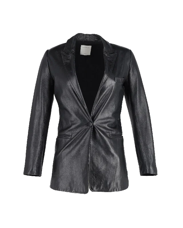 Feminine Soft - Hued Styles Sandro Single-Breasted Blazer in Black Leather