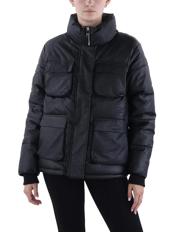 Fashion Sale Womens Faux Leather Cold Weather Puffer Jacket